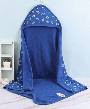 Babyhug Terry Knit Hooded Bath Towel Helmet Print L 72 x B 72 cm - Blue