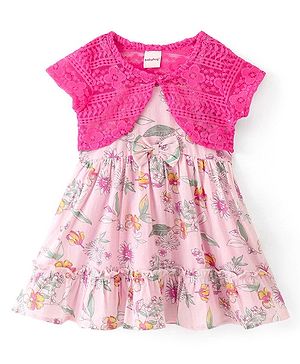 Babyhug Cotton Frock with Half Sleeves Shrug Floral Printed - Pink