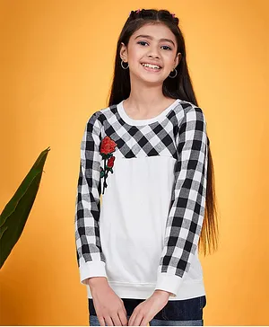 Pspeaches Full Sleeves Floral Embroidered Patch Detailed & Buffalo Checked Top - White & Black
