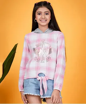 Pspeaches Full Sleeves Plaid Checked Guitar Design Shimmer Stone Embellished Hooded Top - Pink