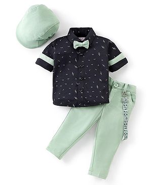 Babyhug Woven Full Sleeves Party Wear Shirt & Pant With Bow & Suspender Music Print - Green & Black