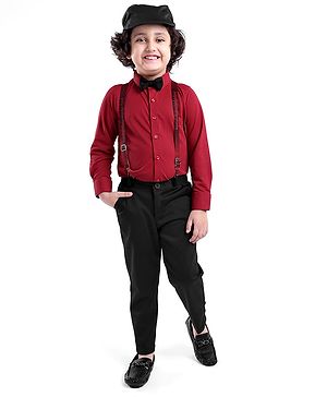 Babyhug Full Sleeves Party Wear Shirt & Bottom With Bow & Suspender- Red & Black
