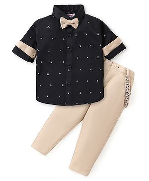 Babyhug Woven Full Sleeves Party Wear Shirt & Pant With Bow & Suspender Sunglasses Print - Black & Beige