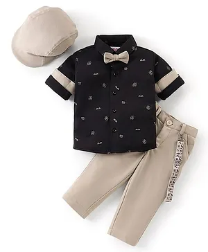 Babyhug Woven Full Sleeves Party Wear Shirt & Pant With Bow & Suspender Sunglasses Print - Black & Beige