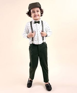 Babyhug Woven Full Sleeves Party Wear Shirt & Trouser with Bow & Suspender Music Notes Print - White & Olive