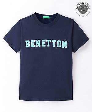 UCB Knitted Half Sleeves T-Shirt With Text Print - Blue