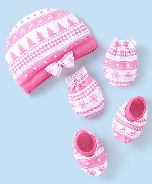 Babyhug 100% Cotton Knit Tree Print Cap Mittens & Booties - Pink