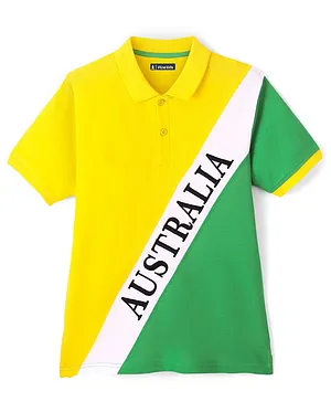 Pine Kids 100% Cotton Knit Half Sleeves Bio Washed Cut & Sew Design Polo T-Shirt - Yellow White & Green