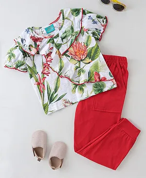 Tiara Half Sleeves Forest Floral Printed Frill Detailed Top With Pant - Red