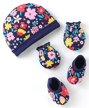 Babyhug 100% Cotton Knit Floral Print Cap Mittens & Booties - Navy Blue