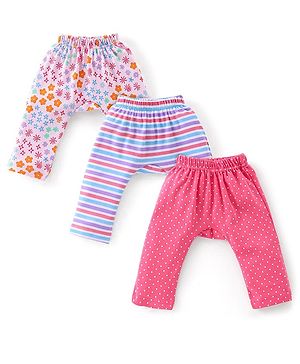 Babyhug Cotton Knit Full Length Diaper Pants Striped & Animals Print Pack Of 3 - Orange & White