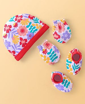 Babyhug 100% Cotton Knit Cap Mittens & Booties Set with Floral Print - Red