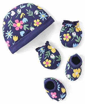 Babyhug 100% Cotton Knit Cap Mittens & Booties Set Floral Print - Navy Blue