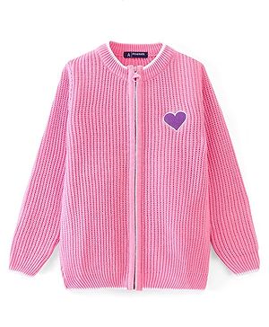 Pine Kids Fine Knit Full Sleeves Zipper Sweater With Heart Embroidery - Pink