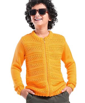 Pine Kids Full Sleeves Front Zipper Cable Knit Sweater - Mustard