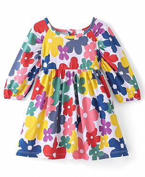 Babyhug 100% Cotton Knit Full Sleeves Frock Floral Print - White