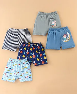 OHMS Cotton Jersey Knit Knee Length Shorts Stripes & Marine Life Print Pack of 5 - Multicolor