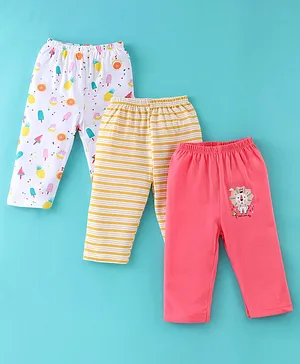 OHMS Cotton Jersey Full Length Track Pants Striped & Lion Printed Pack of 3 - Pink & White