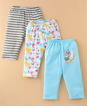 OHMS Cotton Jersey Full Length Track Pants Striped & Unicorn Printed Pack of 3 - Blue & White