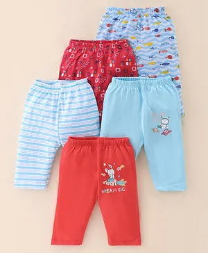 OHMS Cotton Jersey Knit Full Length Lounge Pants Stripes & Marine Life Print Pack of 5 - Blue & Red