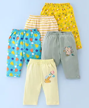 OHMS Cotton Jersey Knit Full Length Lounge Pants Stripes & Elephant Print Pack of 5 - Yellow Blue & Grey