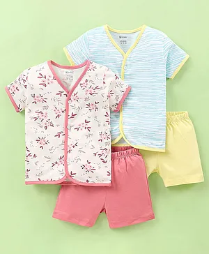 OHMS Cotton Jersey Knit Half Sleeves Night Suit Lines & Floral Printed Pack of 2 - Pink & Blue