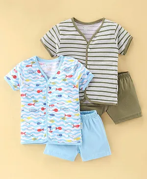 OHMS Cotton Jersey Knit Half Sleeves Night Suit Lines & Fish Printed Pack of 2 - Green & Blue