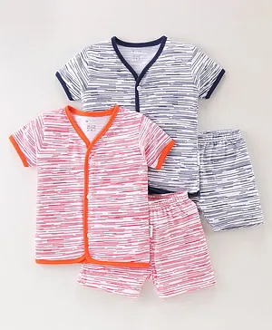 OHMS Cotton Jersey Knit Half Sleeves Night Suit Lines Printed Pack of 2 - Orange & Blue