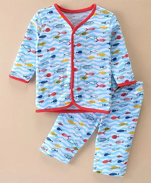 OHMS Cotton Jersey Full Sleeves Fish Printed Night Suit  - Sky Blue