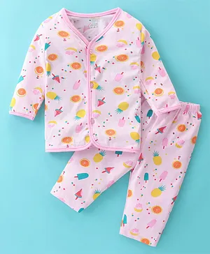 OHMS Cotton Jersey Full Sleeves Night Suit Fruits Print - Pink