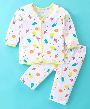 OHMS Cotton Jersey Full Sleeves Night Suit Fruits Print - White