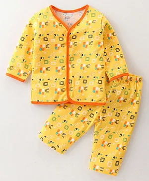 OHMS Cotton Jersey Full Sleeves Night Suit Shapes Print - Yellow