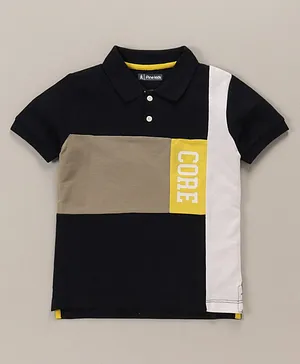 Pine Kids 100% Cotton Knit Half Sleeves Bio Washed Cut & Sew Design Polo T-Shirt - Navy Blue & Yellow