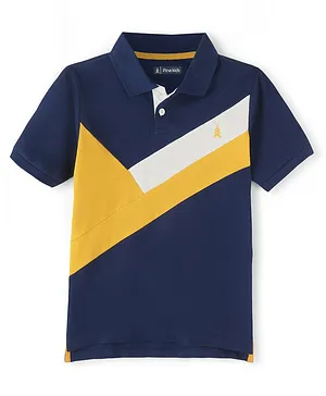 Pine Kids Cotton Knit Half Sleeves Solid Colours Bio Washed Polo T-Shirt - Blue Gold & White