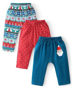 Babyhug Cotton Knit Full Length Diaper Leggings Christmas Theme Printed Pack of 3 - Red & Blue