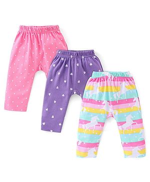 Babyhug Cotton Knit Anti Bacterial Full Length Diaper Pants Unicorn Printed Pack of 3 - Pink & Purple