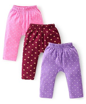Babyhug Cotton Knit Full Length Diaper Leggings Floral Printed Pack of 3 - Pink Maroon & Purple