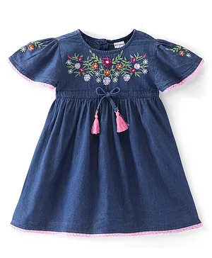 Babyhug 100% Cotton Knit Half Sleeves Floral Printed One Piece Frock - Blue