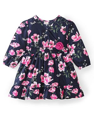 Babyhug Cotton Knit Full Sleeves Frock Floral Print - Navy