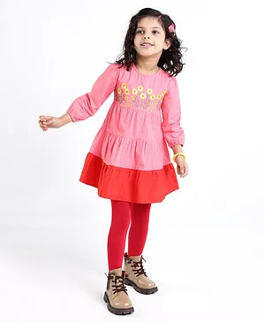 Babyhug 100% Cotton Knit Full Sleeves Frock with Legging Floral Embroidery - Coral