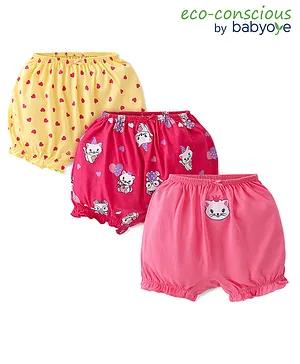 Babyoye Cotton Knit Eco Conscious Kitty & Heart Print Bloomers Pack of 3 - Pink Yellow & Red