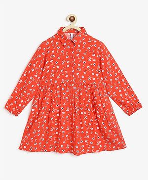 Campana Full Sleeves Seamless Floral Printed Collared & Flared Dress - Red