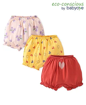 Babyoye Cotton Knit Eco Conscious Floral & Heart Print Bloomers Pack of 3- Yellow  Red & Pink