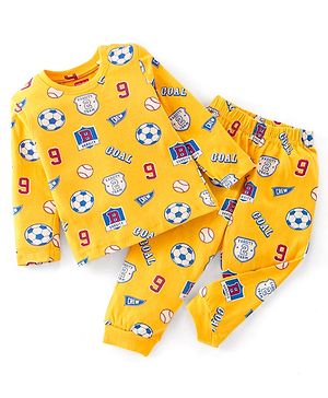 Babyhug Cotton Knit Full Sleeves Night Suit with Football Print - Orange