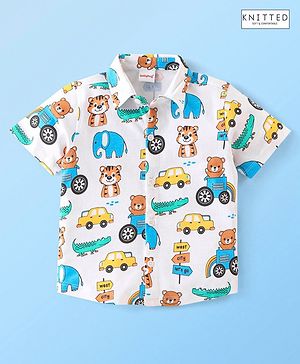 Babyhug 100% Cotton Knit Half Sleeve Regular Collar Tiger Printed Shirt - White