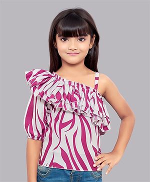 PinkChick One Shoulder Sleeves Frilled Detailed Neckline Zebra Printed Top - Pink