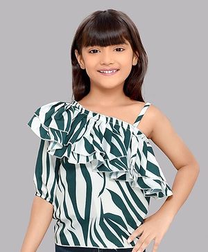 PinkChick One Shoulder Sleeves Frilled Detailed Neckline Zebra Printed Top - Blue