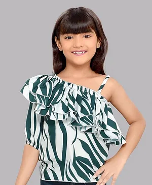 PinkChick One Shoulder Sleeves Frilled Detailed Neckline Zebra Printed Top - Blue