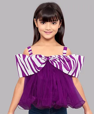 PinkChick Cold Shoulder Bow Detailed With Zebra Printed Flared Top - Purple