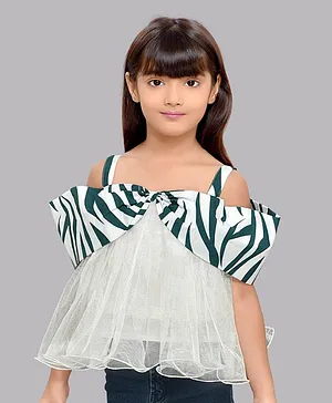 PinkChick Cold Shoulder Bow Detailed With Zebra Printed Flared Top - White